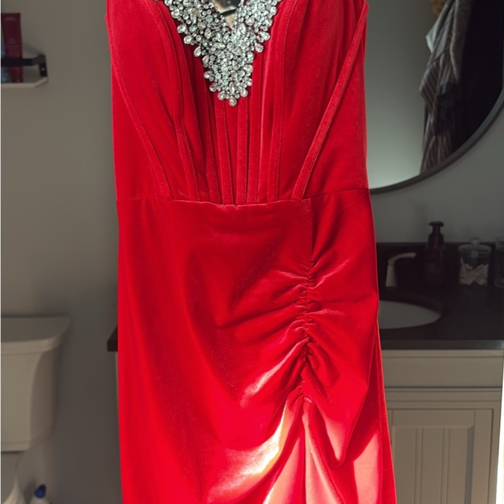 Strapless Scarlet Gown with Embellished Neckline